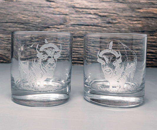 Bison Design Sand Carved Etched  Whiskey Glasses