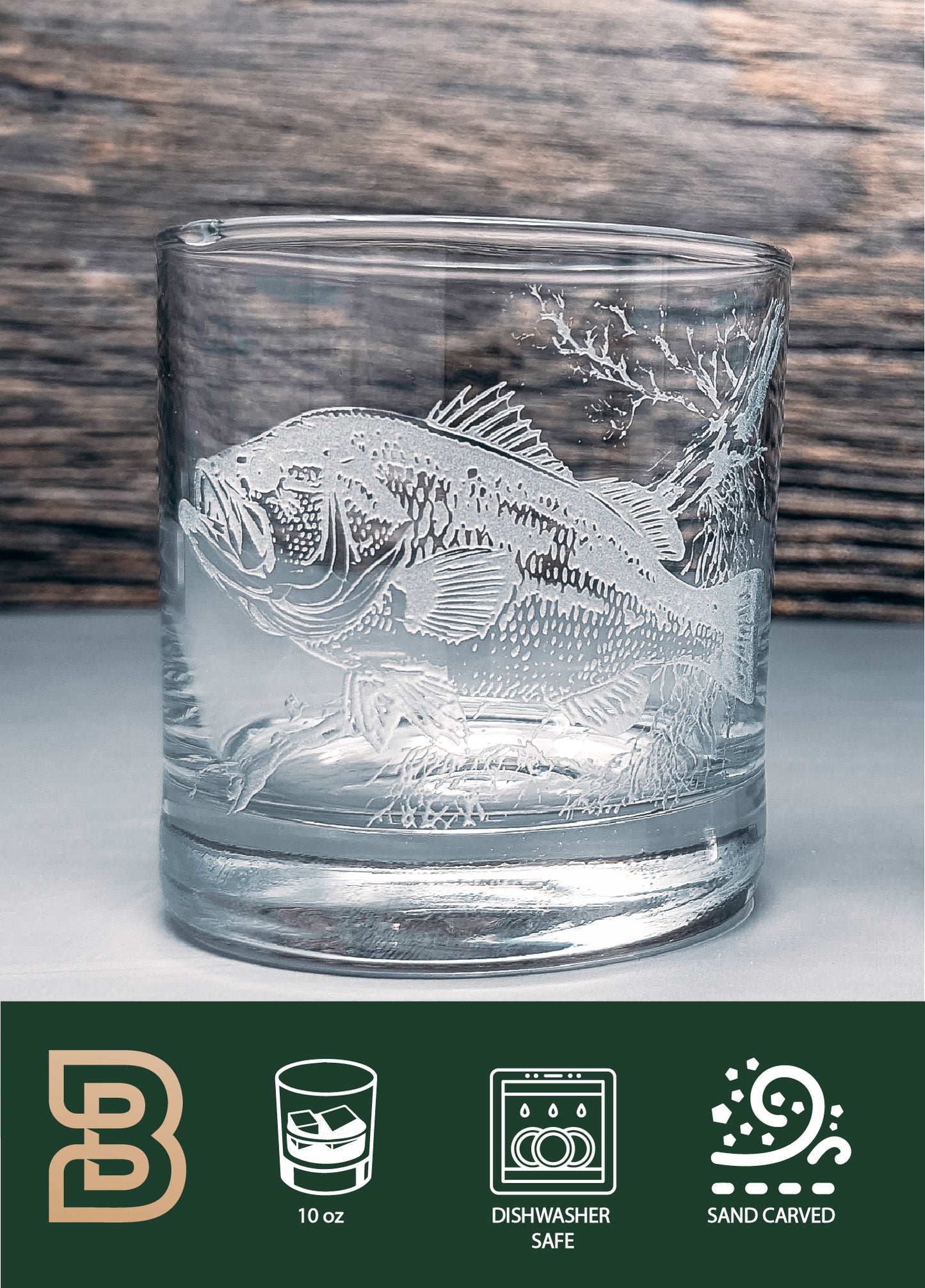 Bass Design Sand Carved Etched Whiskey Glasses