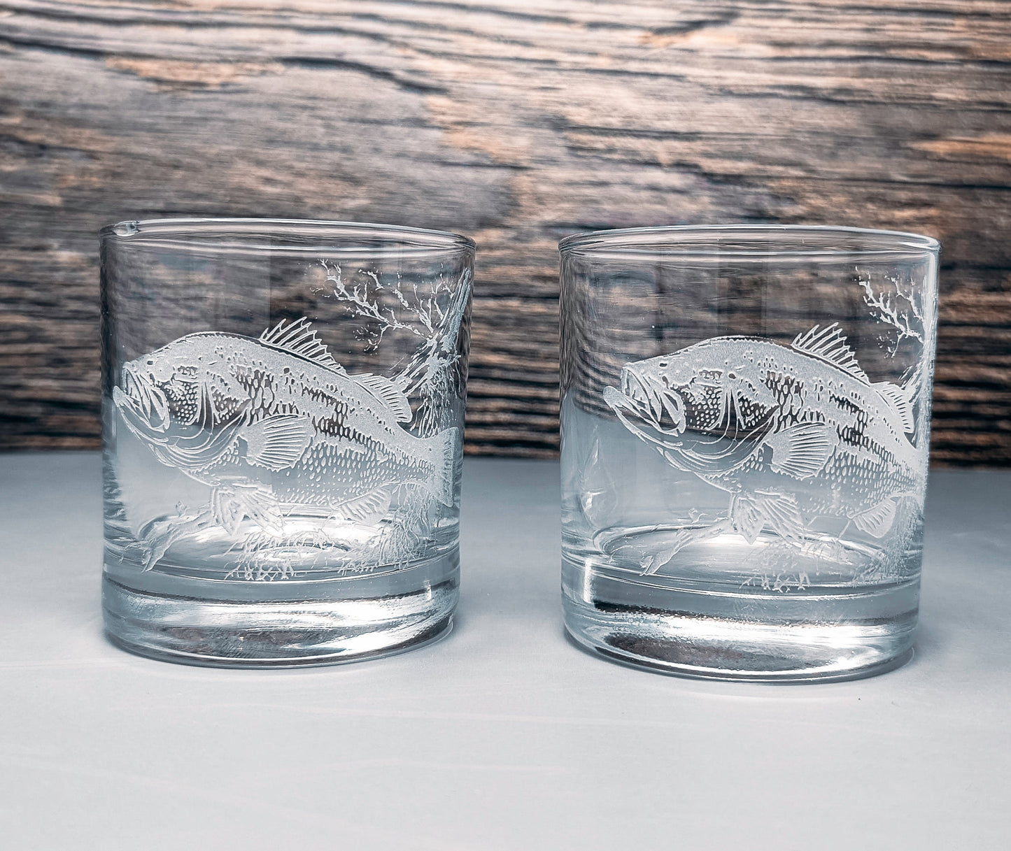 Bass Design Sand Carved Etched Whiskey Glasses