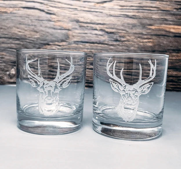 Deer Design Sand Carved Etched Whiskey Glasses