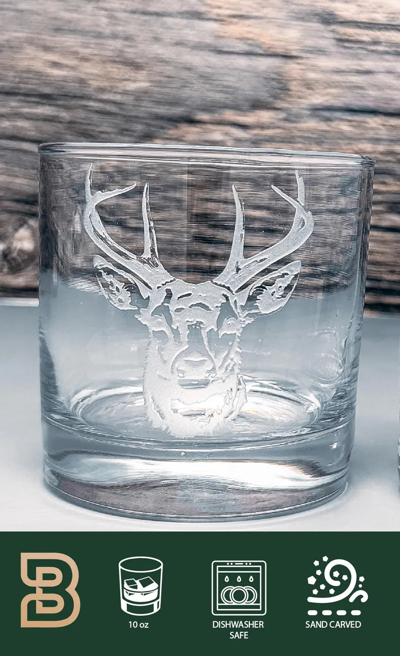 Deer Design Sand Carved Etched Whiskey Glasses