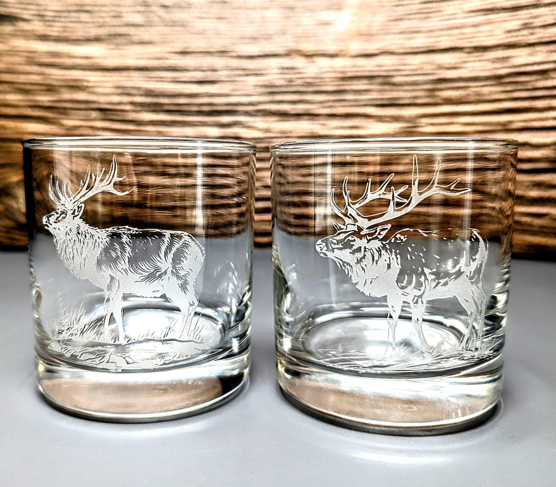 Elk Design Sand Carved Etched Whiskey Glasses