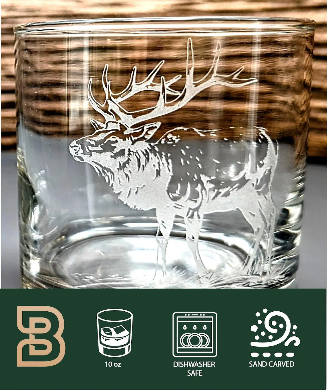 Elk Design Sand Carved Etched Whiskey Glasses