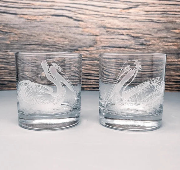 Pelicans  Design Sand Carved Etched Whiskey Glasses