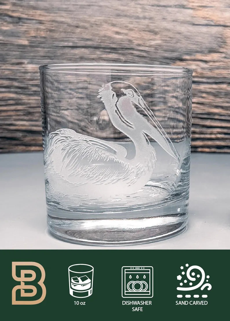 Pelicans  Design Sand Carved Etched Whiskey Glasses