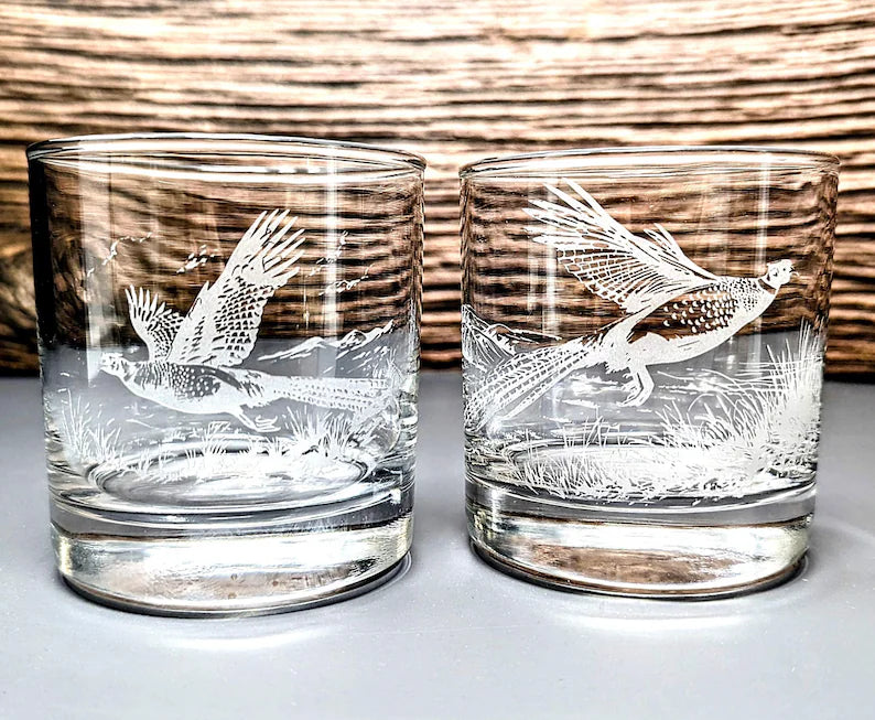 Pheasants Design Sand Carved Etched Whiskey Glasses