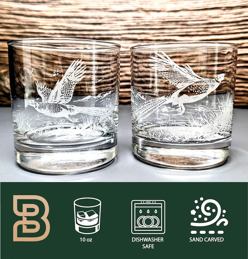 Pheasants Design Sand Carved Etched Whiskey Glasses