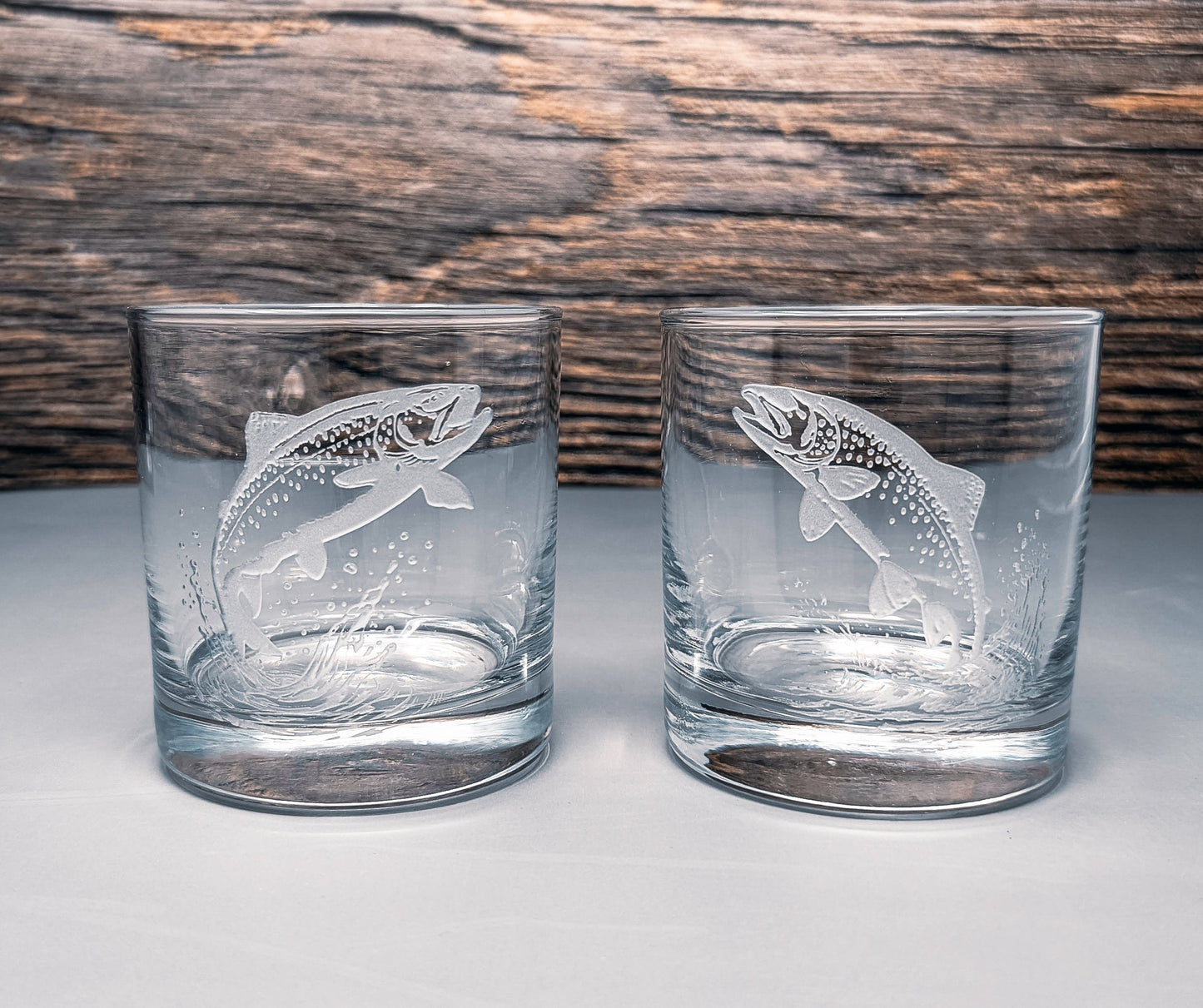 Trout Design Sand Carved Etched Whiskey Glasses