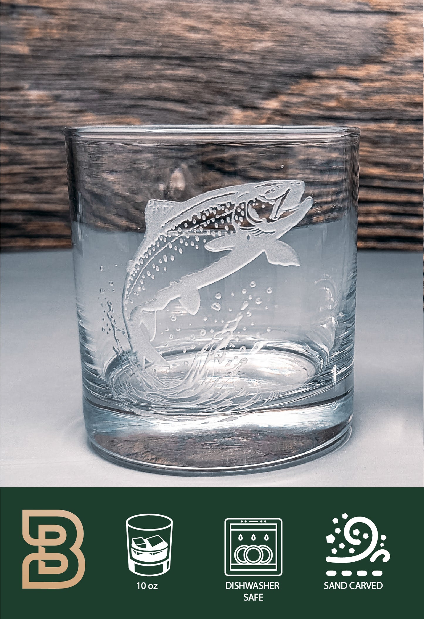 Trout Design Sand Carved Etched Whiskey Glasses